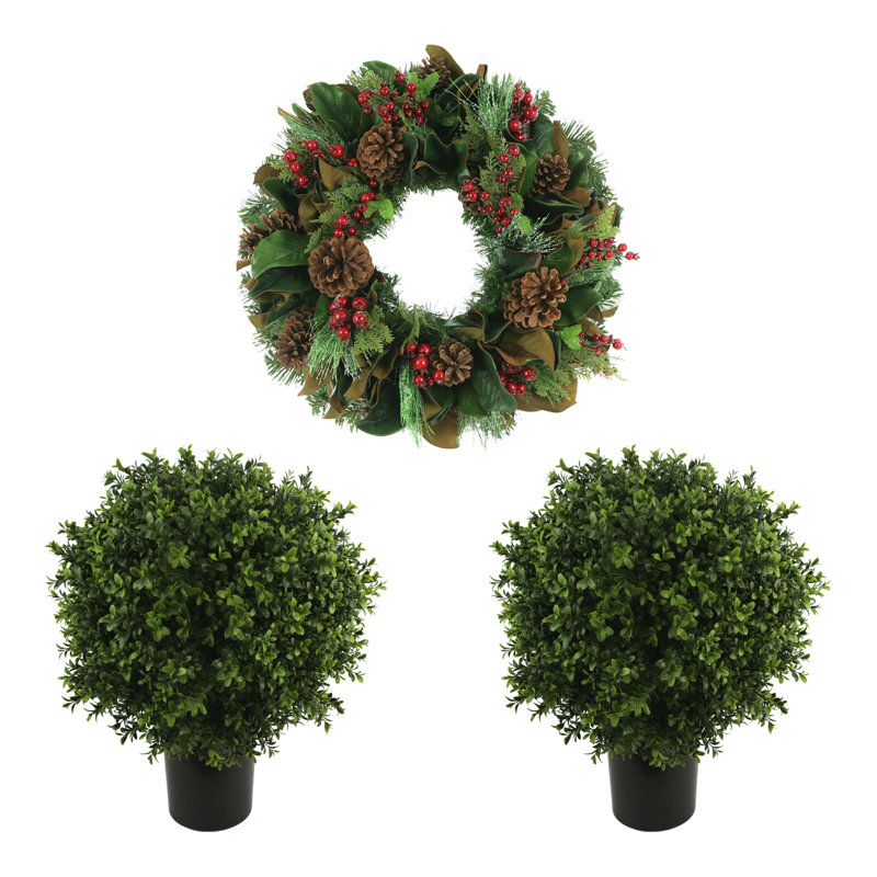 Classic Holiday Wreath and Two UV Boxwood Drop-Ins