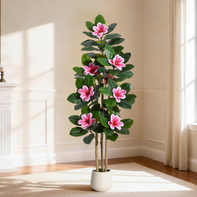Figuier artificiel avec fleurs de magnolias rose