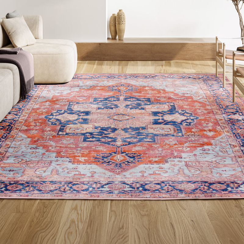 Tapis terre cuite / bleu marine lavable à la machine Ville Medallion Ville, Rectangle 9 pi x 12 pi