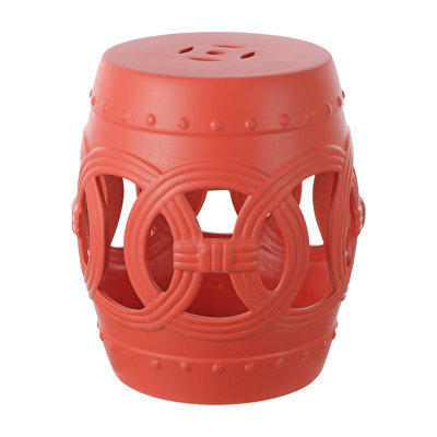Lucky Coins 16" Contemporary Matte Coral Ceramic Cutout Interlocking Rings Drum Garden Stool, Indoor & Outdoor Accent Side Table, Seat & Plant Stand