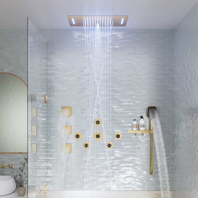 35"L x 12"W Flush-Mount Luxury Thermostatic Shower System with 3 Body Jets and Storage Shelf, Brushed Gold