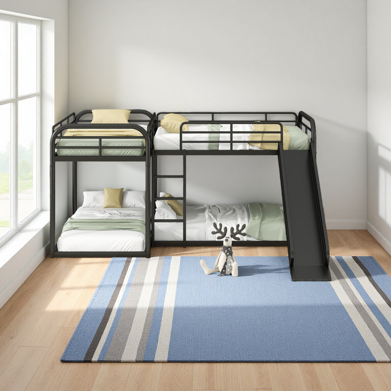 Lit superposé en L pour lit double et simple avec glissière et échelle courte, Noir