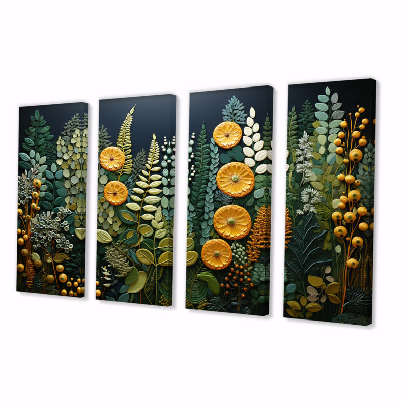 Tapisserie forêt de fougères jaunes - art mural floral salon - 4 panneaux