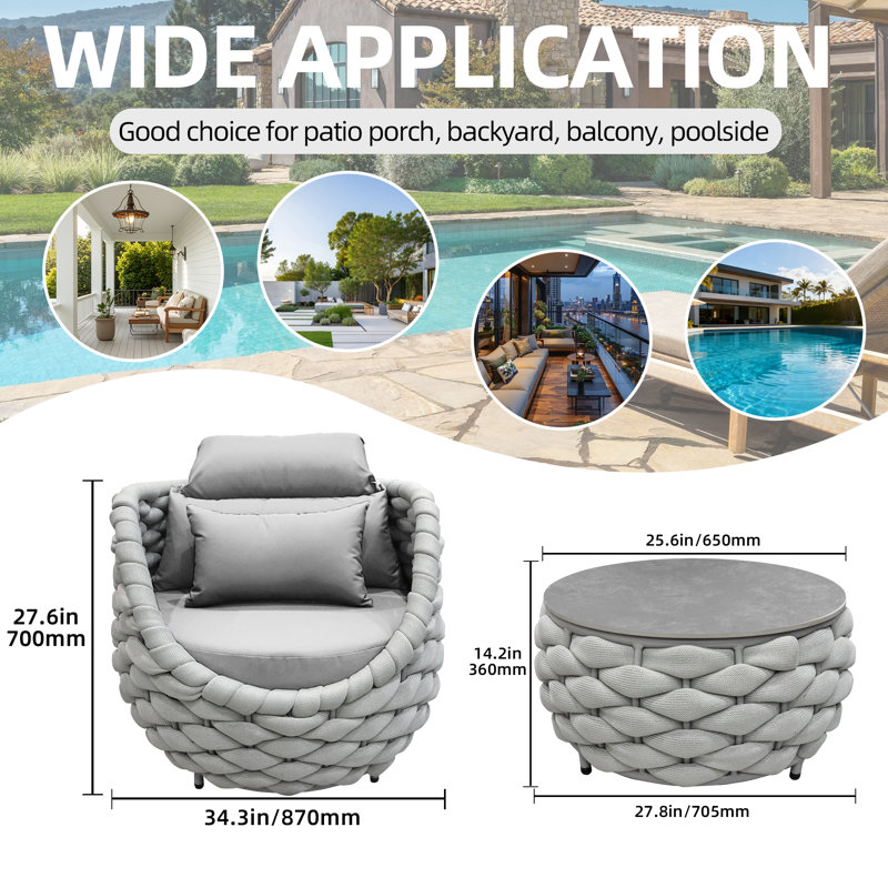 Ensemble de chaises de patio pour 3 personnes avec table basse, Light Grey Polyester Rope, 4 Pcs: Table, 3 Chairs, Light Grey