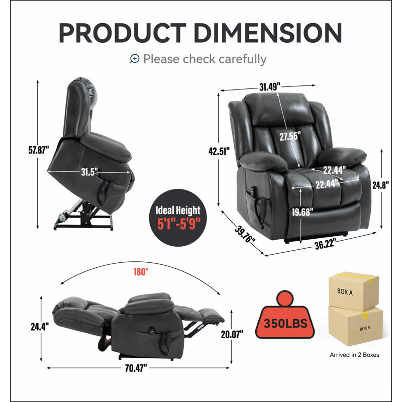 Fauteuil inclinable électrique Power Lift de taille moyenne jusqu'à 350 LBS avec massage par vibrations 8 points et chauffage lombaire Motor Infinite