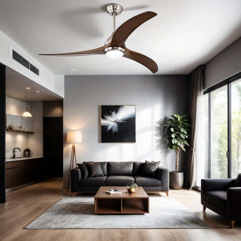 Ventilateur de plafond d'intérieur à DEL 52 po avec lumière intégrée et télécommande (3 pales), Bois brun, Argent