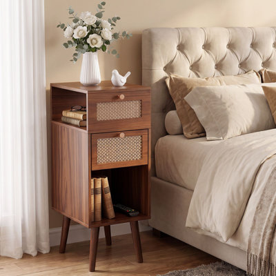 Table de chevet en rotin à 2 tiroirs avec rangement ouvert, meuble de chevet étroit pour chambre ou salon (lot de 2)