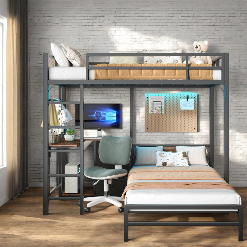 Lits avec rangement, panneau de fibres à densité moyenne et lit mezzanine rustique en acier pour maison compacte