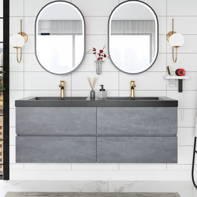 Meuble-lavabo mural double 60 po avec comptoir en quartz Ryter