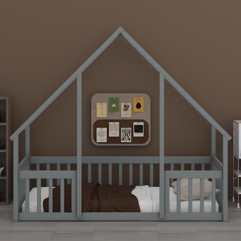 Lit pour tout-petit en bois naturel avec rails de protection, Gris