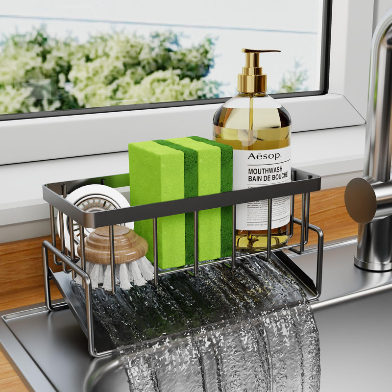 Black Stainless Steel Sink Organizer | Self-Drain System | Compact Design | Rustproof Kitchen Accessory