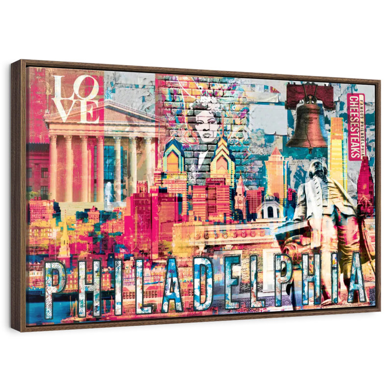 Monuments de Philadelphie, grunge, 25 po x 17 po, Cadre flottant noyer