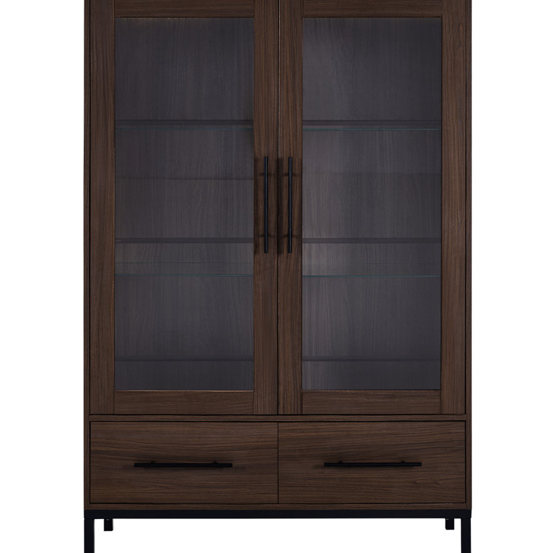 Armoire de rangement de salon de 60 po de hauteur avec porte en verre trempé, lumières DEL, noyer, 4 tablettes réglables, 2 tiroirs, construction robuste pour éclairage de porte de bureau et d'étude, construction stable,