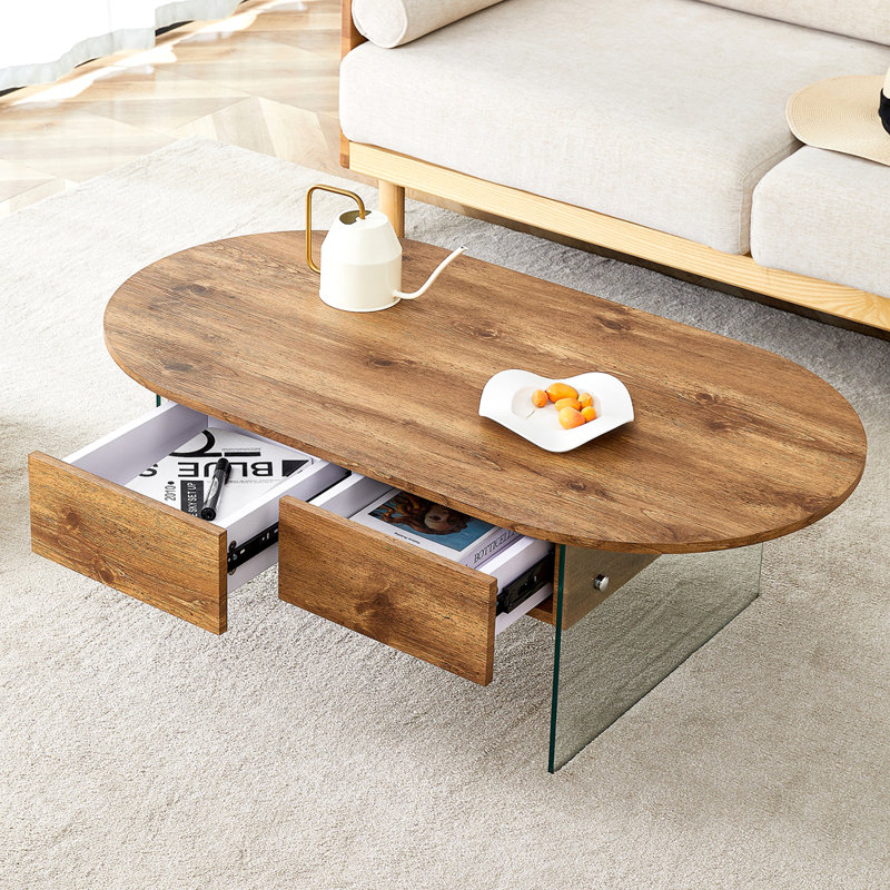 Coffee Table With Double Drawers. The Board Surface Is MDF Sticker, And Both Sides Are Transparent Tempered Glass. The Design Is Simple And Elegant, With Excellent Storage Functions.