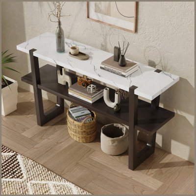 Table basse à effet marbré rétro pour entrée / couloir Trexm, bleu marine avec tablette ouverte Surface facile à nettoyer