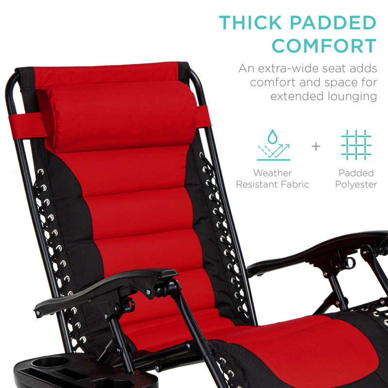 Danny-James Oversized Padded Zero Gravity Chair, Folding Outdoor Patio Recliner w/ Side Tray, Red
