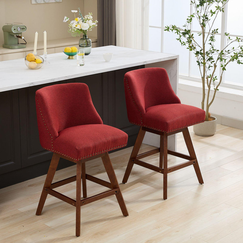 Ensemble de 2 tabourets de bar pivotants à hauteur de comptoir, siège de 26 po de hauteur, ensemble de tabourets de bar rembourrés, tissu rouge vin