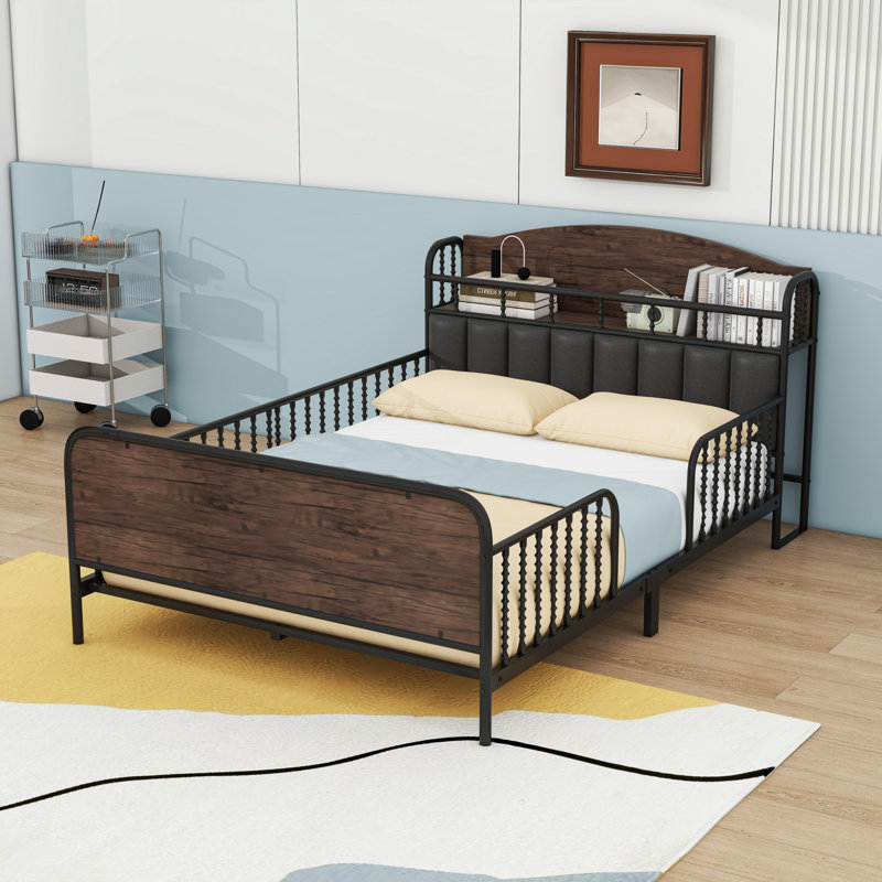 Metal Platform Bed Frame With Light And Storage Headboard