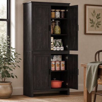 Armoire de rangement en chêne gris avec 4 portes et 3 tablettes réglables, 162,6 cm (64,06 pouces), autoportante, pour cuisine et salle à manger.