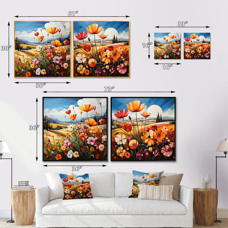 Abstrait harmonie Blooms Field - Meadow Square, ensemble de 2 collages, Cadre flottant noir, H 36 po x l 73 po