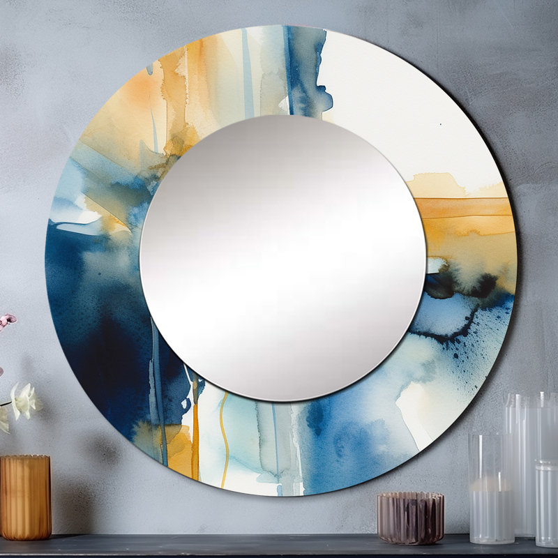 Bleu et or Fusion IV - miroir de fractales, miroir mural rond unique moderne, impression d'art en métal, 23 po x 23 po