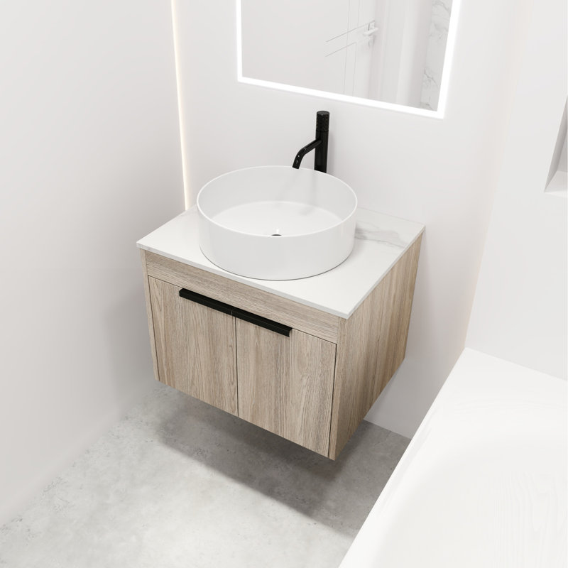 Meuble-lavabo de 24 po avec lavabo en céramique. Fixation murale en chêne blanc. Porte à fermeture en douceur pour un rangement moderne et paisible en chêne. Avec lavabo et robinet