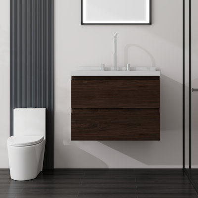 Meuble-lavabo suspendu de 61 cm (24 po) avec lavabo en céramique, armoire en contreplaqué, comptoir et dosseret en marbre reconstitué, 2 tiroirs à fermeture amortie, noir