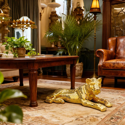 Floor Leopard Decorative Sculpture With Mosaic Mirror Exterior,Home Decor Statue
