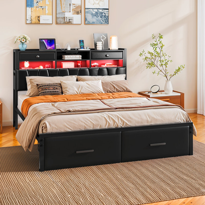 Upholstered Storage Bed With 2 Storage Drawers, LED Headboard & Charging Station, King