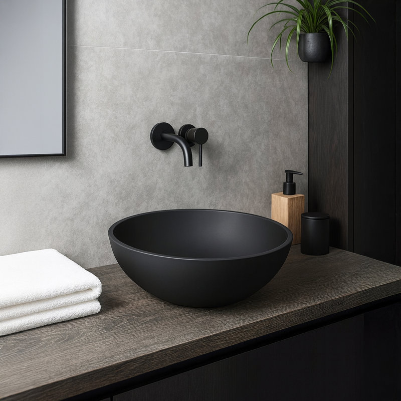 Veyra Matte Black Solid Surface Round Vessel Sink, Mattle Black