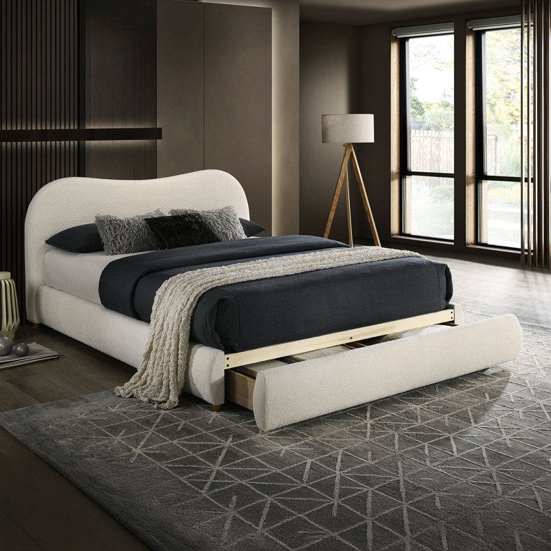 Grand lit tapissier blanc Boucle, tête de lit courbée, tiroir de rangement, cadre de chambre à coucher transitionnel avec revêtement, rangement, configuration de lit contemporaine