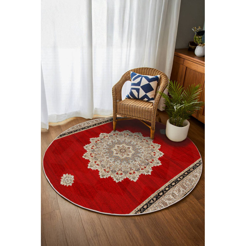 Sadie Collection Digital Print Cotton-Polyester Blend Rug – Red & Cream, Round 2'8"