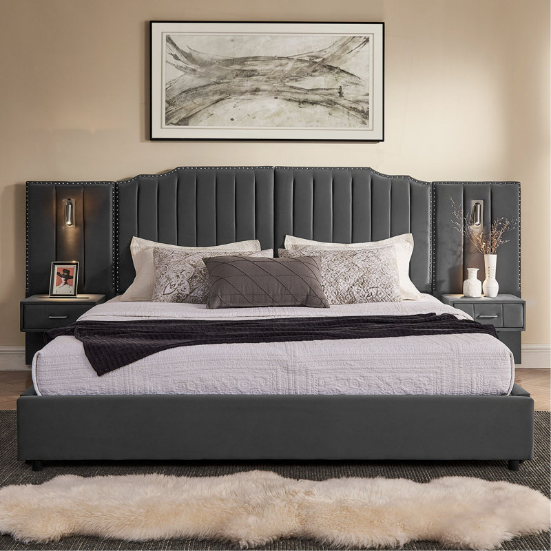 Structure de lit tapissier avec tissu en velours, conception à rayures verticales avec boutons autour du lit plateforme avec tête de lit, structure solide et table de chevet - aucun sommier nécessaire