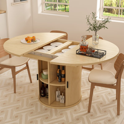 Dining Table For 4-6,63“Extendable Round Kitchen Dining Room Table With 2-Tier Storage Shelf, Space Saving Expandable Wood Oval Circle Dinner Furniture With Pedestal Base