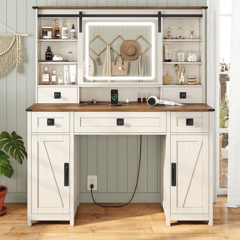 Farmhouse Makeup Vanity Desk with Sliding Mirror and Lights, 47.2" Big Vanity Table with Charging Station, Makeup Desk with 5 Drawers & 2 Cabinets, White