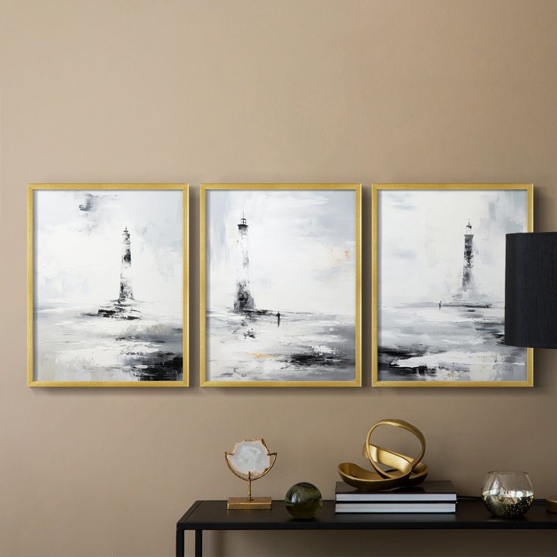 Série Sea and Shore Cxxiv - Ensemble de 3 estampes numériques encadrées - Prêt à être accroché, Doré, H 20 po x l 16 po