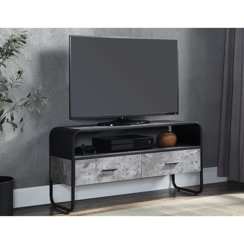 Table de télévision en béton gris et noir avec structure en métal et rangement pour petit téléviseur à écran plat 1 compartiment ouvert de 39 po ou moins
