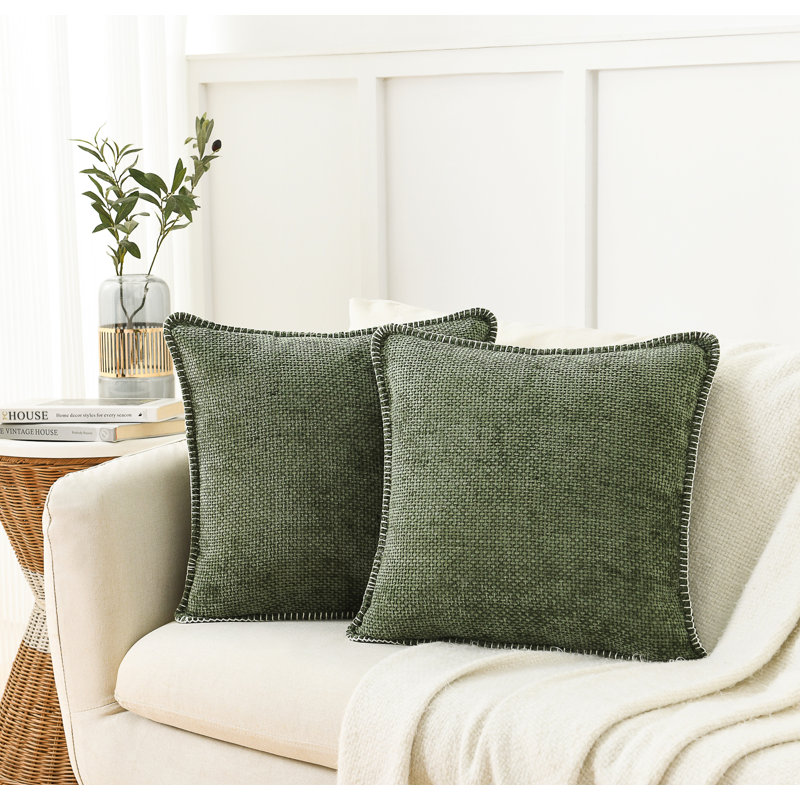 Farmhouse Pillow Covers Modern Farmhouse Square Textured Stitched Edge Throw Pillow Cover, Olive Green, Square 18"