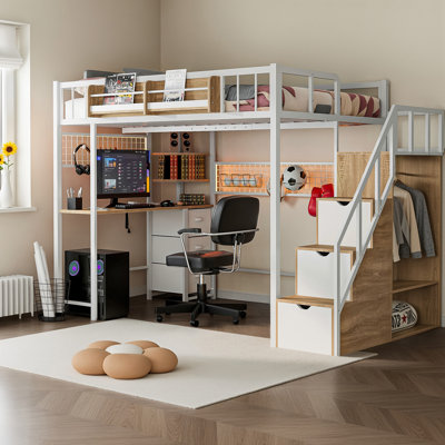 Loft Bed with Built-in Desk, Stairs and Wardrobe, Space-Saving Metal Frame with Charging Station, LED Lights and Storage for Adults by 17 Stories