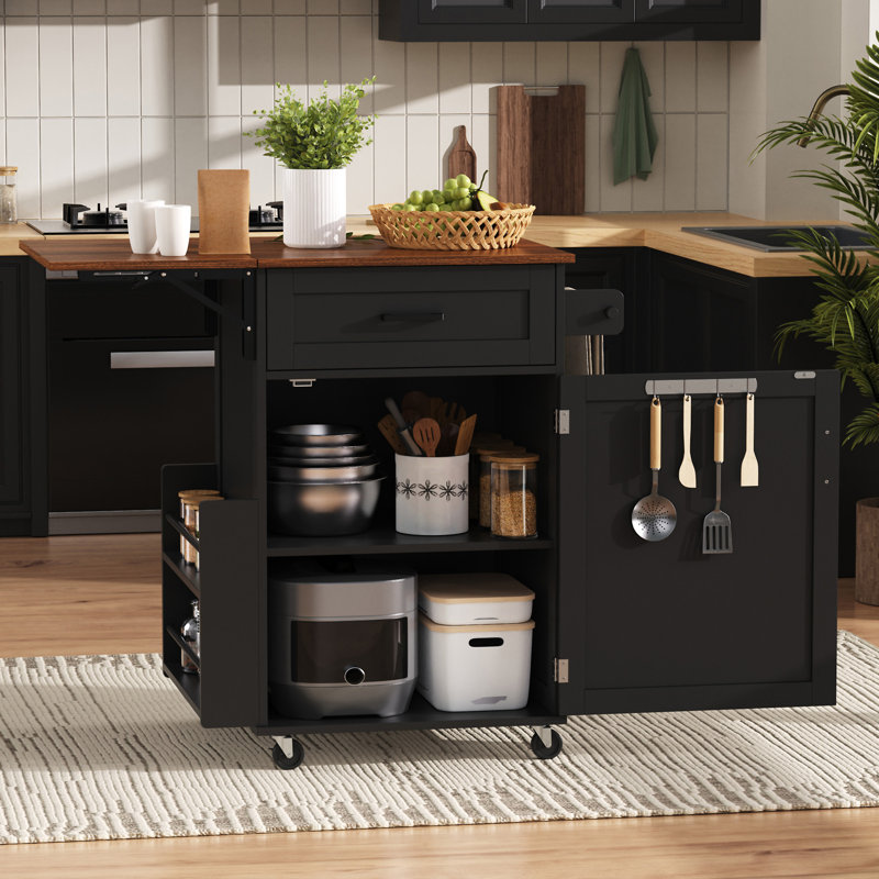 39.3" Farmhouse Kitchen Island With Drop Leaf, Black