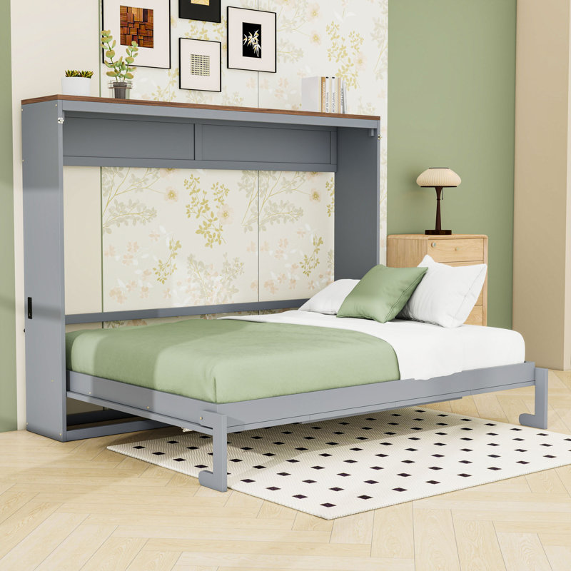 Grand lit escamotable avec port USB et lattes, Gris