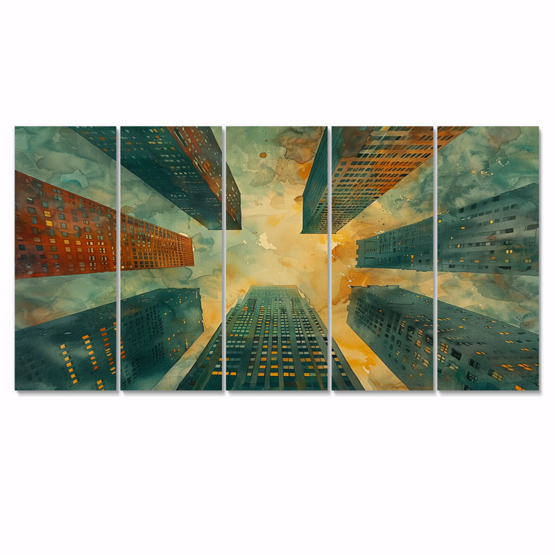 Vert, rouge, urbain, rétro, gratte-ciel, ensemble d'art sur toile gratte-ciel, H 32 po x l 80 po