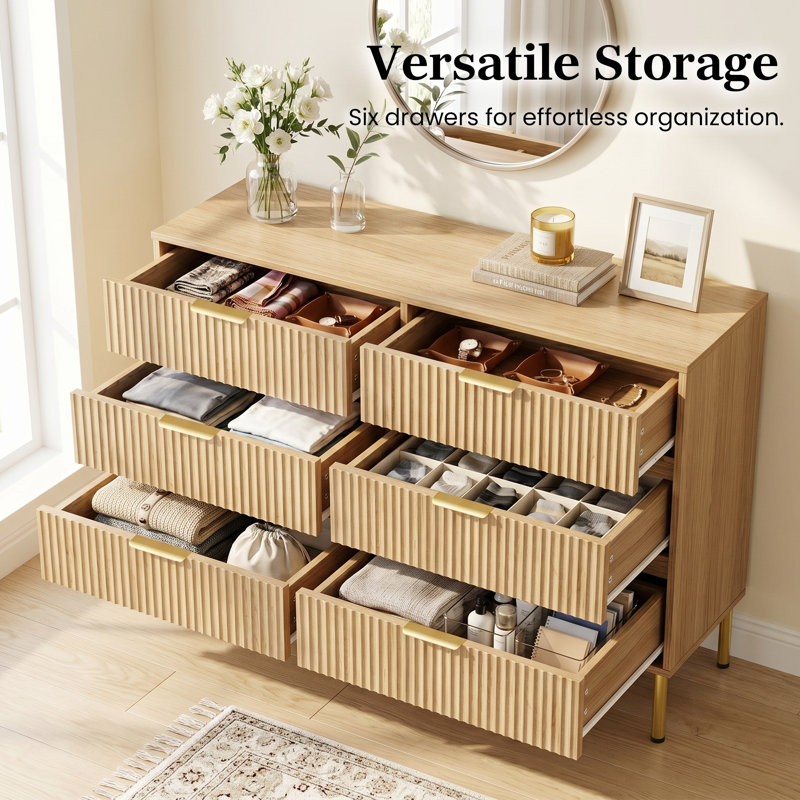 47" Wide 6 Drawer Double Dresser with Fluted Drawer Fronts, Natural Oak