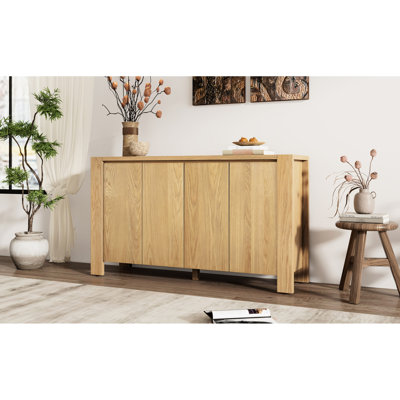 4-Door Buffet Cabinet For Dining, Kitchen, And Living, Featuring Oak Veneer, Distressed Finish, Tabletop Natural Storage Sideboard Multiple Rooms, Veneer Surface, Adjustable Shelving, Frame