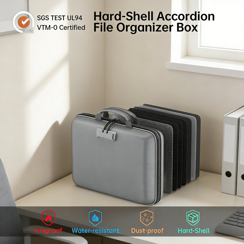Fireproof File Organizer Beige Hard-Shell Document Box 13 Pocket Accordion File Folder With Lock Portable Safe Storage, Grey