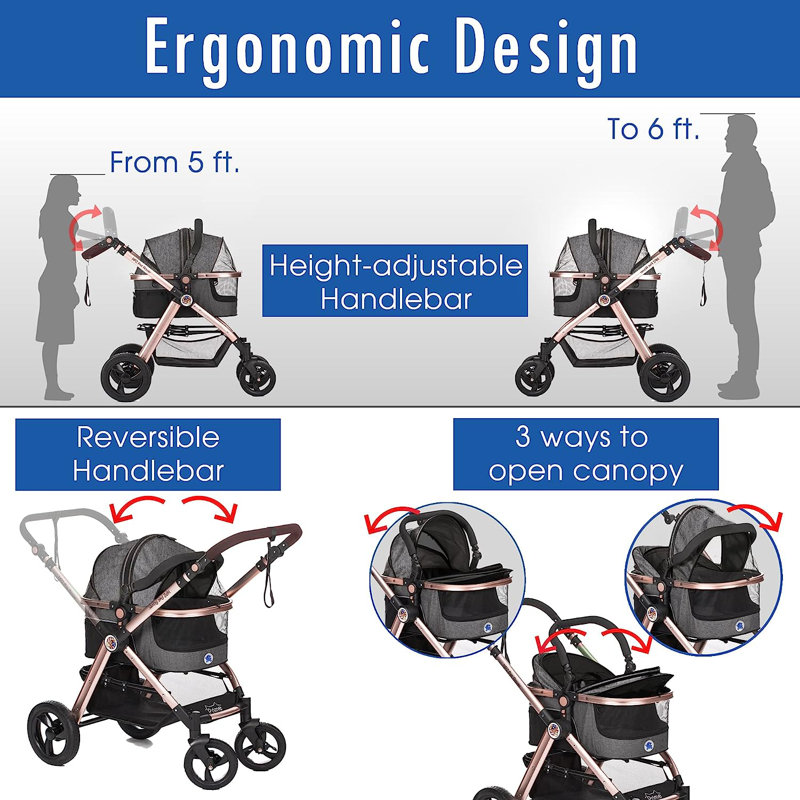 Gray Aluminum 3-in-1 Pet Stroller with Detachable Carrier