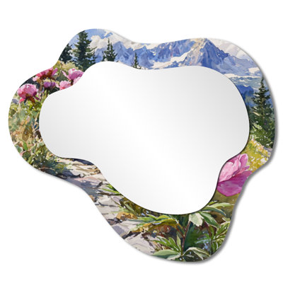 Pivoines le long du sentier de montagne I - miroir asymétrique irrégulier pivoines, miroir mural traditionnel, imprimé sur métal