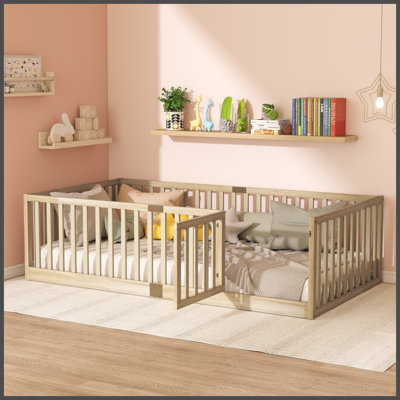 Twin Size Floor Bed with High Fence Railings, with Door, Rubber Wood Floor Bed with Safety Guardrails,Natural