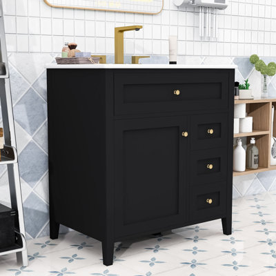 Meuble-lavabo autoportant élégant avec tiroirs spacieux, rangement réglable et lavabo en céramique