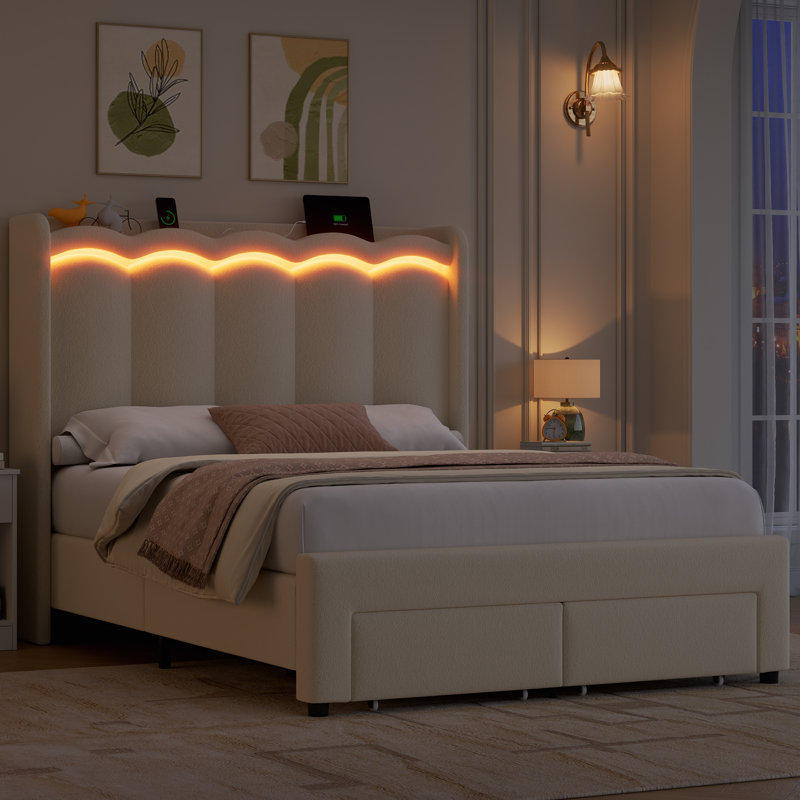Lit de rangement rembourré en velours avec lumières DEL, lit plateforme avec rangement à 2 tiroirs et station de charge